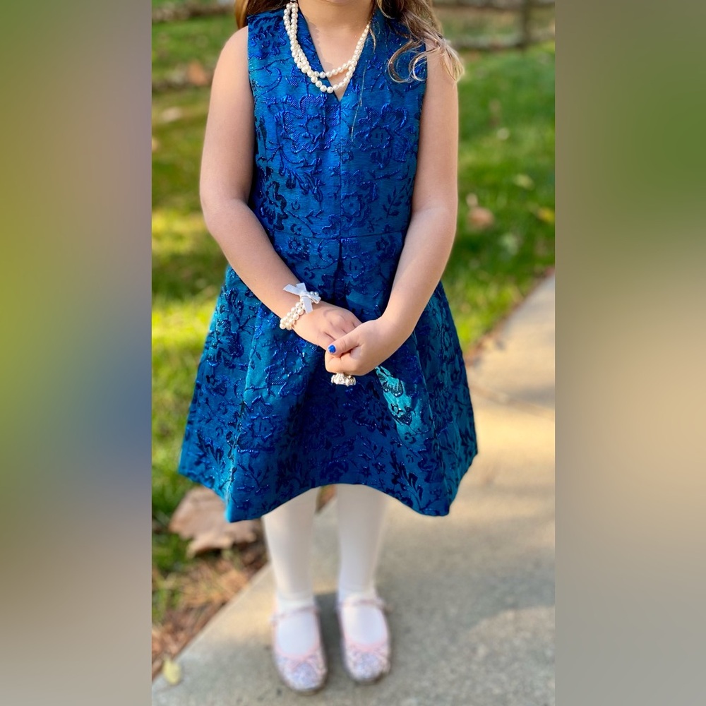 Lilly Pulitzer Girls Mini Tanlee Teal Blue Brocade Dress Size 8 Medium